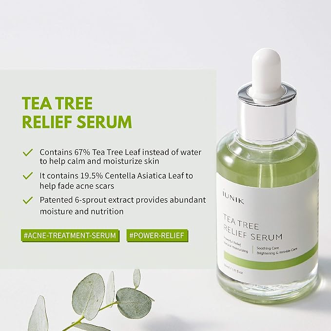 IUNIK Beta Glucan Daily Moisture Cream 2.02 Fl Oz - Skin Relief Intense Moisture Care Repair Cream + Tea tree Relief Natural Facial Serum 1.71 Fl Oz, Acne Treatment Serum