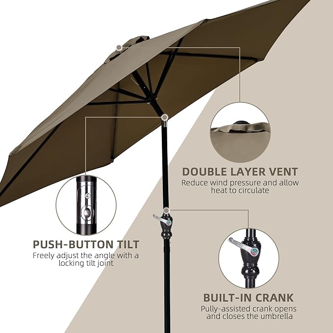 9FT Outdoor Patio Umbrella with Push Button Tilt and Crank, Beach Umbrella for Sun Shades, Market Umbrella with 6 Sturdy Metal Ribs, UV Resistant Waterproof for Garden, Backyard, Deck, Pool