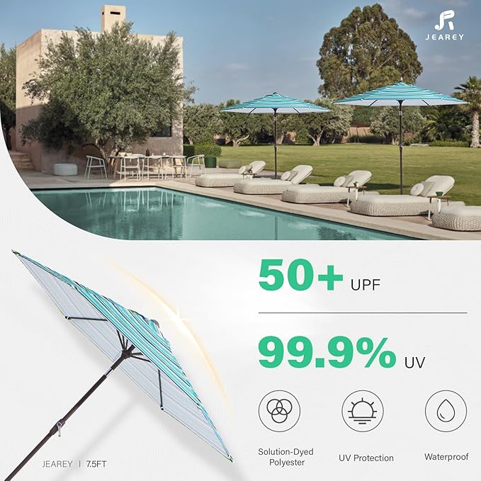 JEAREY 7.5FT Patio Umbrella Market Table Umbrella with 6 Sturdy Ribs, Push Button Tilt/Crank Outdoor Umbrella for Garden, Deck, Backyard, Pool and Porch,Elegant Blue-White