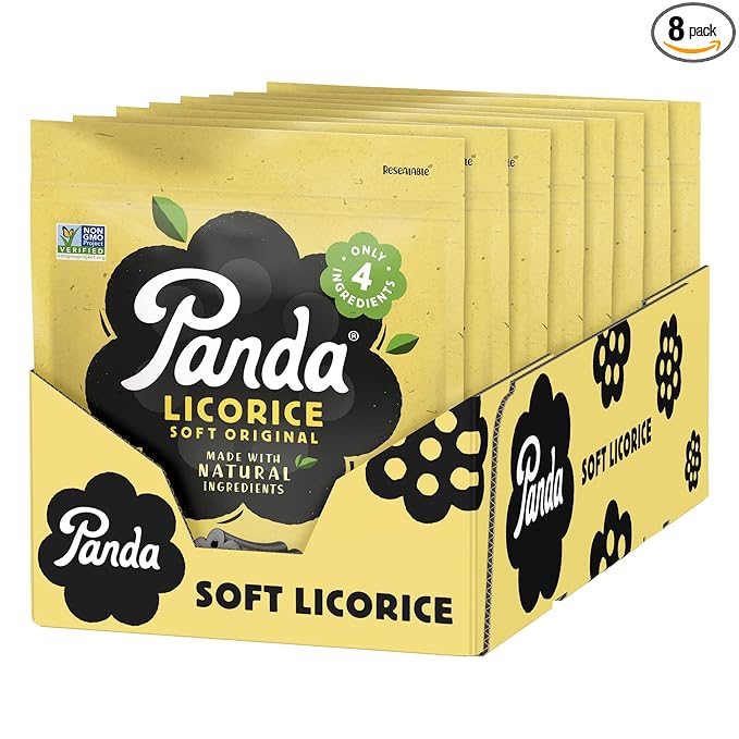 Panda ® | Natural Soft Original Licorice | Pure Panda Black Licorice Candy Made with Only 4 Natural Ingredients | Non-GMO Project verified | Vegan & Fat Free | 200 G - 7 OZ x 8 – Resealable Bags Pack