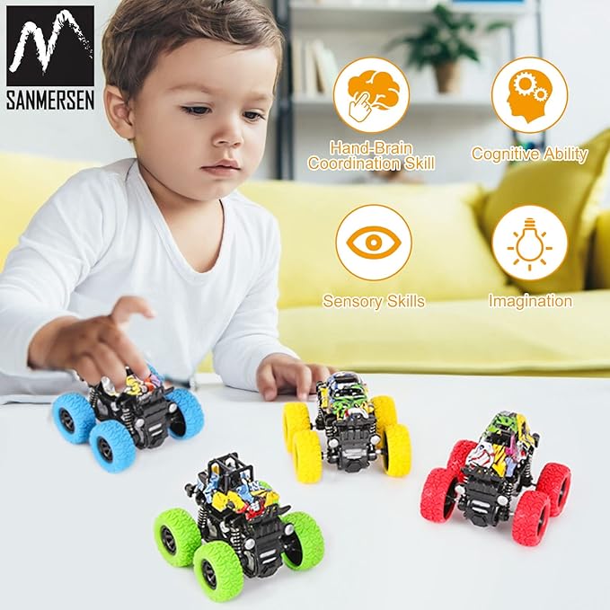M SANMERSEN Monster Truck Toys for Ages 2-4, Friction Cars for Toddlers 1-3 Push and Go 360° Rotating Stunt Car for 2+ Year Old Boys Girls Gifts (4 Pack - Blue/Green/Red/Yellow)