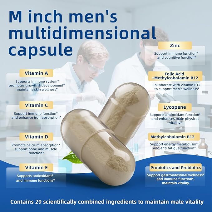 Multivitamin for Men - Daily Mens Multivitamins with Vitamin D, Zinc, Methylcobalamin B12, Folic Acid, Lycopene and Prebiotics for Men's Wellness, Immune Support, Energy and Vitality, 120 Capsules