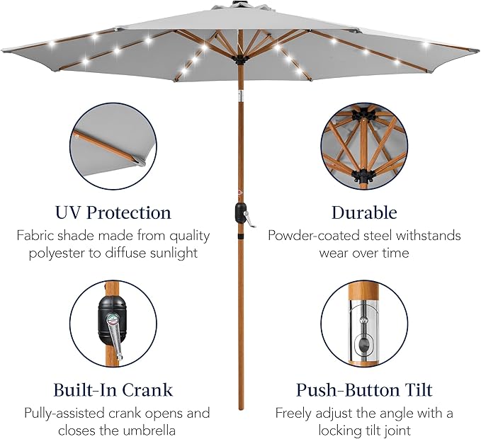 Best Choice Products 10ft Solar Market Patio Umbrella w/Woodgrain Pattern Pole, LED Lights, Tilt & Crank – Outdoor Sun Shade for Backyard Table, Deck, Poolside – Fog Gray