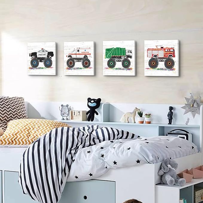 Monster Truck Wall Decor Car Posters for Boys Room Wall Art Cartoon Firetruck Garbage Police Ambulance Vehicle Canvas Pictures Artwork Toddler Room Decor Kids Bedroom Nursery Home Decoration 12×12"