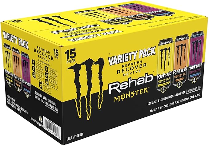 Monster Energy Rehab Tea + Lemonade, Peach Tea, Wild Berry Tea, Variety Pack, Energy Iced Tea,15.5 Ounce (Pack of 15)