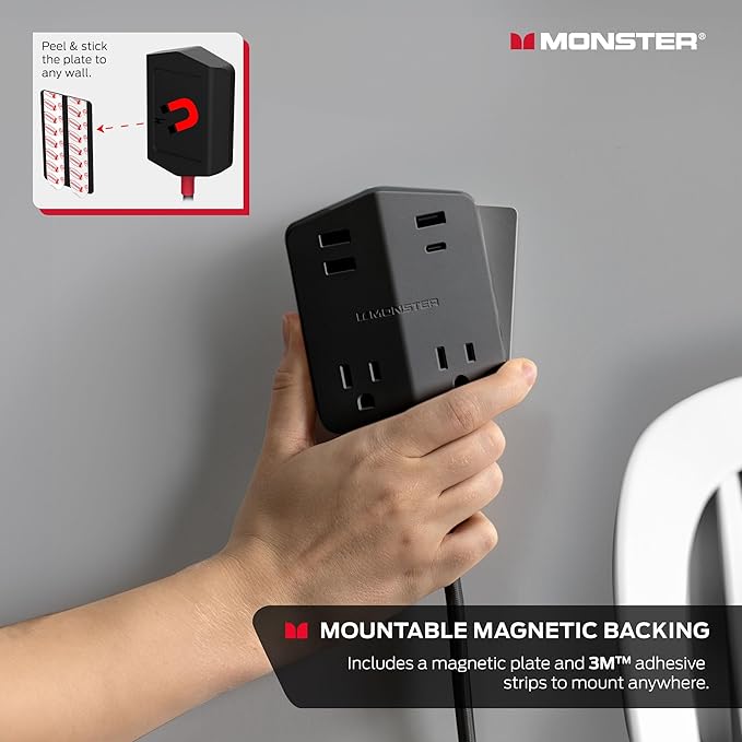 Monster Power Shield: Magnetic Wall Outlet Extender, Multiple Plug Outlet with 2 AC Outlets, 3 USB-A Ports, & 1 USB-C Port (20W)