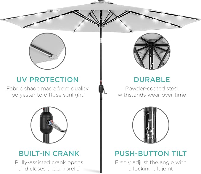 Best Choice Products 10ft Solar Polyester LED Lighted Patio Umbrella w/Tilt Adjustment and UV-Resistant Fabric - Fog Gray