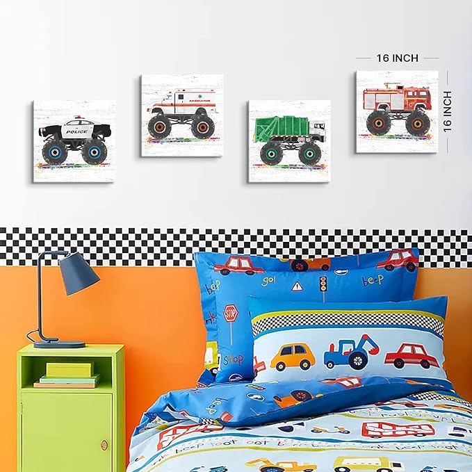 Monster Truck Wall Decor for Boys Room Cartoon Car Wall Art for Kids Room Nursery Watercolor Garbage Firetruck Ambulance Police Canvas Print Painting Vehicles Picture Artwork Home Decoration 16x16â 4P