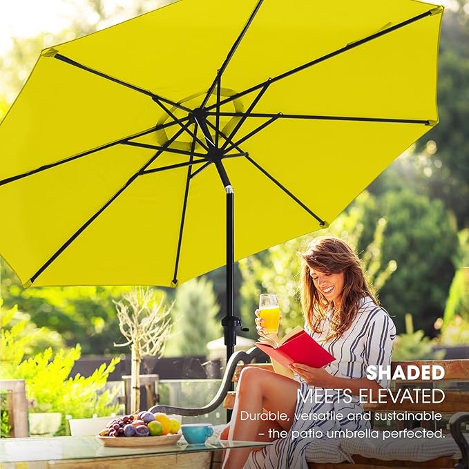 wikiwiki 9 FT Patio Umbrellas Outdoor Table Market Umbrella with Push Button Tilt/Crank, 8 Sturdy Ribs, Fade Resistant Waterproof POLYESTER DTY Canopy for Garden, Lawn, Deck, Backyard & Pool, Yellow