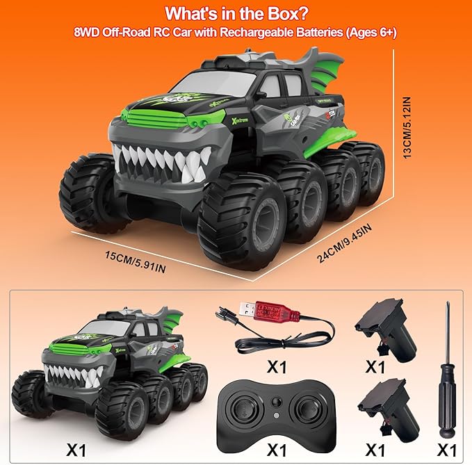 Amphibious Remote Control Car 8WD RC Monster Truck with 2 Rechargeable Batteries for Boys Age 8-12 Offroad Waterproof RC Pickup All Terrain RC Drift Cars Beach Pool Toys Gifts for Kids Green