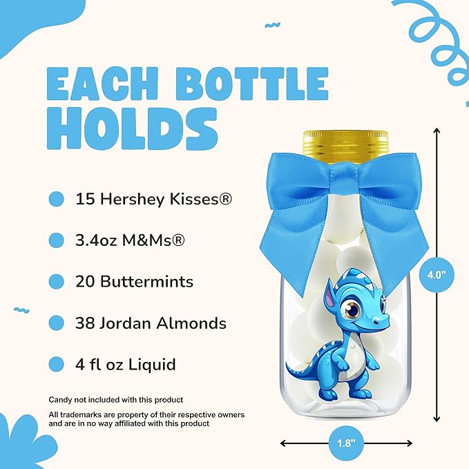 Small 12 Pack Dinosaur Party Favors - DIY Candy Jars with Ribbons and Stickers - Party Decoration Bottles for Birthday, Baby Shower and School Classroom - Dinosaur Table Centerpiece for Kids