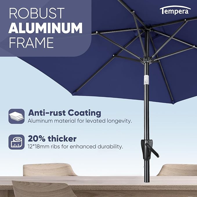 Tempera Patio Market Outdoor Table Umbrella with Push Button Tilt and Crank,Large Sun Umbrella with Sturdy Pole&Fade resistant canopy,Easy to set