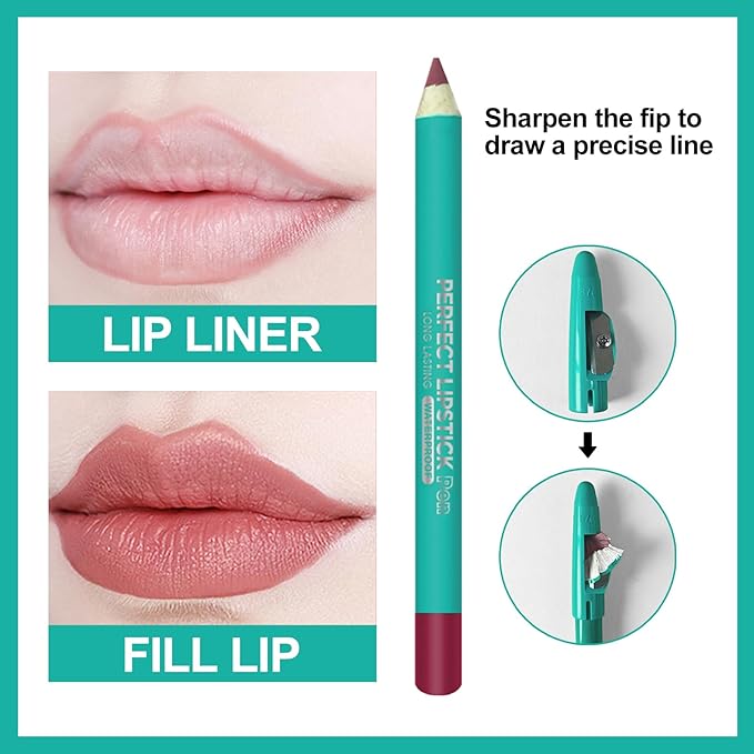 Erinde 12PCS Lip Liner Pencil, Nude Lip Liner Set with Lip Liner Sharpener, Matte Dark Brown Pink Red Mauve Series Lip Liner Pack, Waterproof Long Lasting Liner Crayon Lipstick for Women Daily Makeup