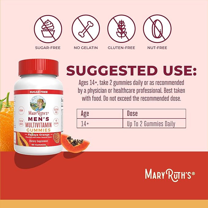 Mens Multivitamin Gummies by MaryRuth's | Vegan Vitamins for Men | Multivitamins for Immune Support | Non-GMO & Gluten Free | 0g Sugar Per Serving | 60 Count