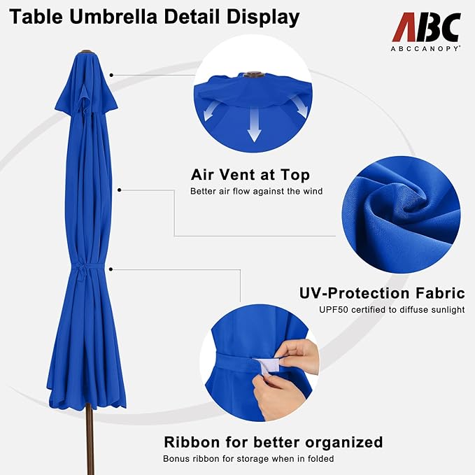 ABCCANOPY Patio Umbrella 9ft, Outdoor Table Umbrella with Push Button Tilt and Crank, 8 Ribs Umbrella for Patio Pool Garden Deck (Blue)