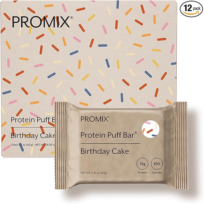 ProMix Nutrition Protein Puff Bars - Birthday Cake - Marshmallow Crispy Treat - Great Tasting & Healthy On The Go Snack - High Protein & Low Calorie - Free From Gluten, Soy, & Corn - 12 Bars