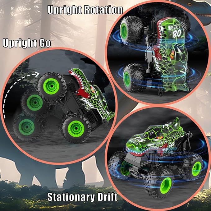 1:20 RC Car for Kids, 2.4GHz Remotes, Green Dinosaur Monster Truck Toys, All Terrain Stunt Remote Control Car with Music, Light, 2 Rechargeable Batteries, Gift Present for Boys/Girls Ages 3+
