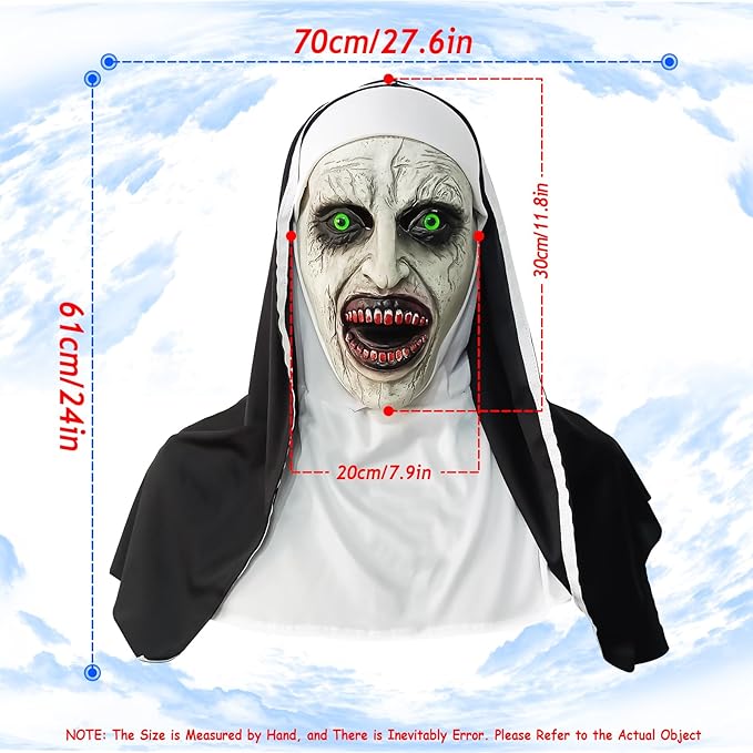 2024 Nun Scary Mask,Halloween Party Scary Full Head Costume Mask with cross necklace