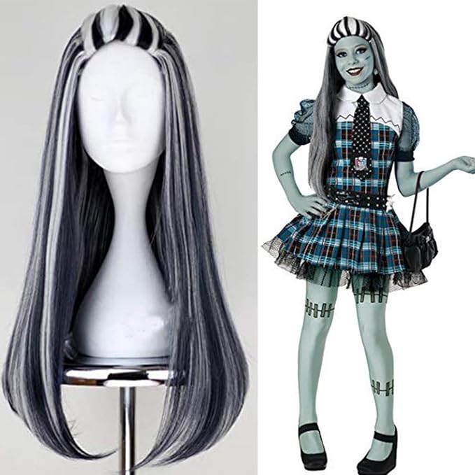 Monster Frankie Stein Wig High School Frankie Stein Cosplay Black And White Wig with Ponytail Long Straight Heat Resistant Costume Wig