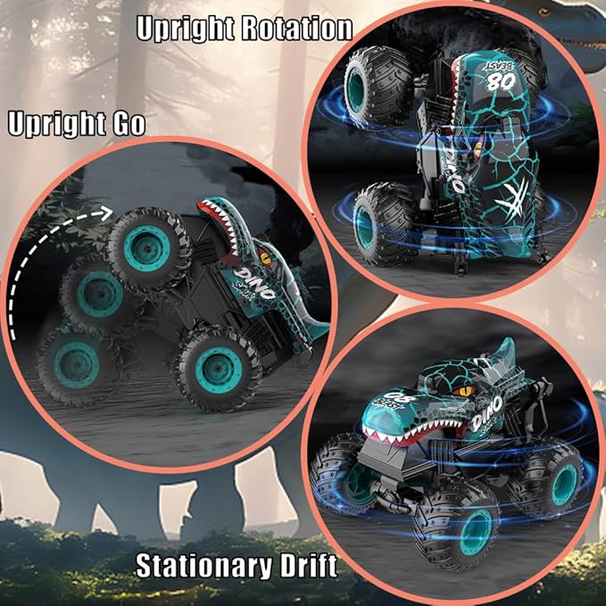 1:20 RC Car for kids, 2.4GHz Remotes, Cyan Dinosaur Monster Truck Toys, All Terrain stunt Remote Control Car with Music, Light, 2 Rechargeable Batteries, Gifts Presents for Boys/Girls Ages 3+