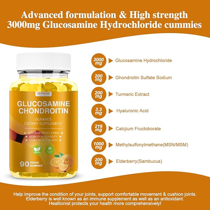 Glucosamine Chondroitin Gummies - 3000MG Extra Strength Joint Support Supplement with MSM & Elderberry, Flexibility, Antioxidant Immune Support Gummy for Adults, Men & Women - 90 Orange Gummies