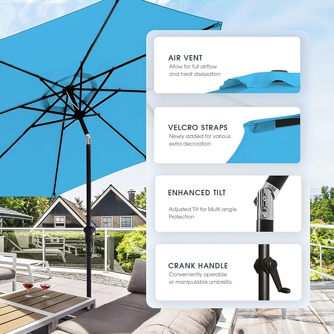 wikiwiki 9 FT Patio Umbrellas Outdoor Table Market Umbrella with Push Button Tilt/Crank, 8 Sturdy Ribs, Fade Resistant Waterproof POLYESTER DTY Canopy for Garden, Lawn, Deck, Backyard & Pool, Sky Blue