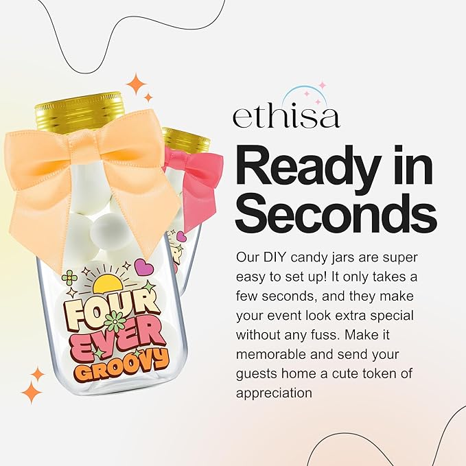 Small 12 Pack Four Ever Groovy Party Favors - DIY Candy Jars with Ribbons and Stickers - Funky Party Decoration Bottles for 4th Birthday Bash for Boy or Girl - Retro Hippie Table Centerpiece