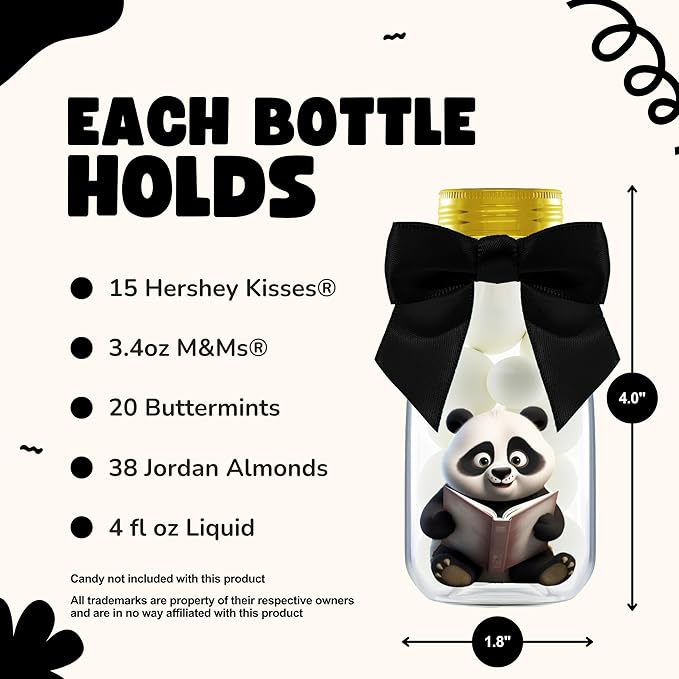 Small 12 Pack Panda Party Favors - DIY Candy Jars with Ribbons and Stickers - Party Decoration Bottles for Birthday, School Classroom, and Baby Shower - Panda Table Centerpieces for Kids