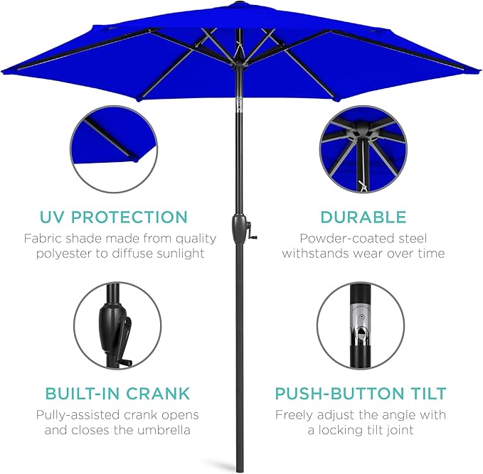 Best Choice Products 7.5ft Heavy-Duty Round Outdoor Market Table Patio Umbrella w/Steel Pole, Push Button Tilt, Easy Crank Lift - Resort Blue