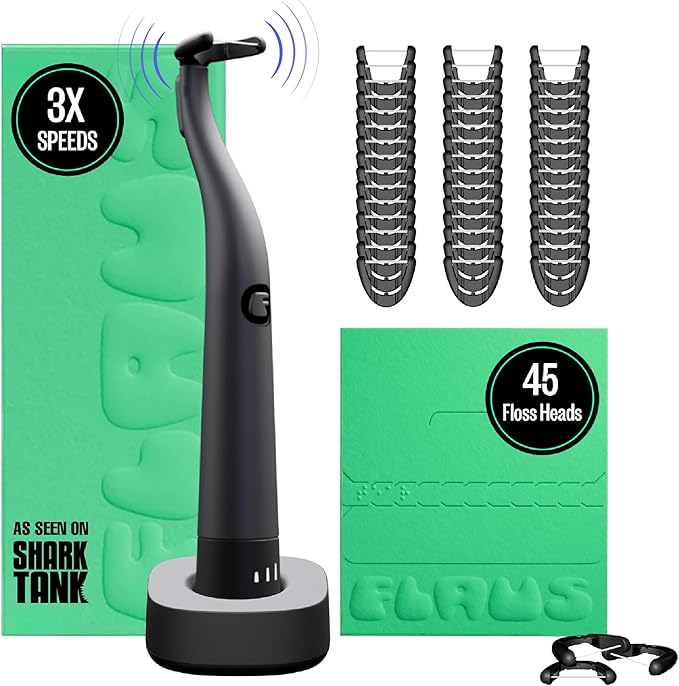 FLAUS Electric Flosser (Shark Tank) with 3 Speeds + 45 Replacement Heads - Easy Gliding Floss for Gentle Gum Care, Water Floss Alternative, Dentist Recommended Tooth Flossers, Eco Dental Floss Picks