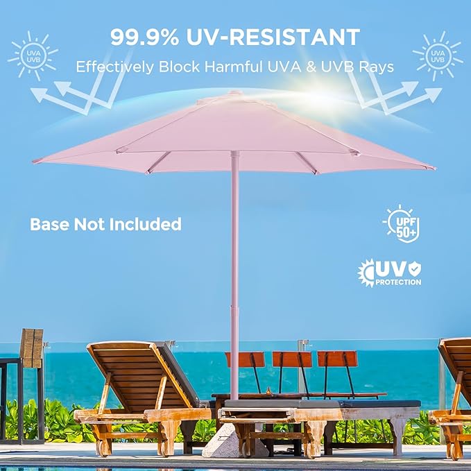 7.5ft Outdoor 1S Push-Up Patio Umbrella - Market Table Pool Deck Umbrella UPF50+ UV Protection with 6 Sturdy Ribs for Balcony, Garden, Lawn, Backyard (Light Pink)