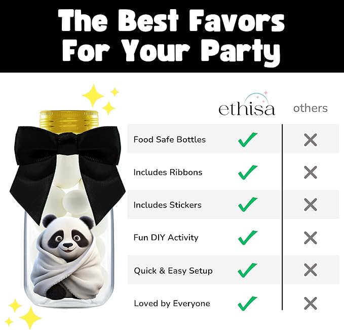 Small 12 Pack Panda Party Favors - DIY Candy Jars with Ribbons and Stickers - Party Decoration Bottles for Birthday, School Classroom, and Baby Shower - Panda Table Centerpieces for Kids
