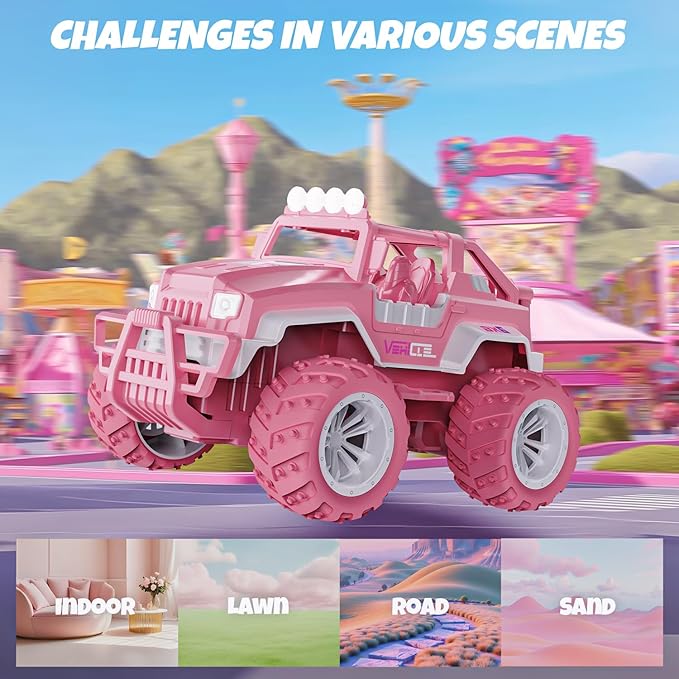 BEZGAR Remote Control Car for Girls - 1:16 Pink RC Cars with Action Figure & 4 Windmills, 2.4GHz with LED Lights, 80 Mins Play with Rechargeable Battery, Monster Truck Jeep Toys Gifts for Kids