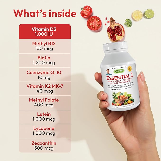 ANDREW LESSMAN Essential-1 Multivitamin 1000 IU Vitamin D3 60 Small Capsules – 100 mcg Methyl B12. CoQ10 Lutein Lycopene Zeaxanthin. High Potency. No Additives. Gentle Ultra-Mild. One Daily Capsule