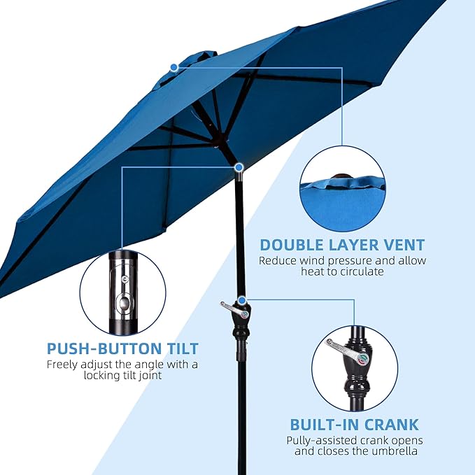 9FT Outdoor Patio Umbrella with Push Button Tilt and Crank, Beach Umbrella for Sun Shades, Market Umbrella with 6 Sturdy Metal Ribs, UV Resistant Waterproof for Garden, Backyard, Deck, Pool