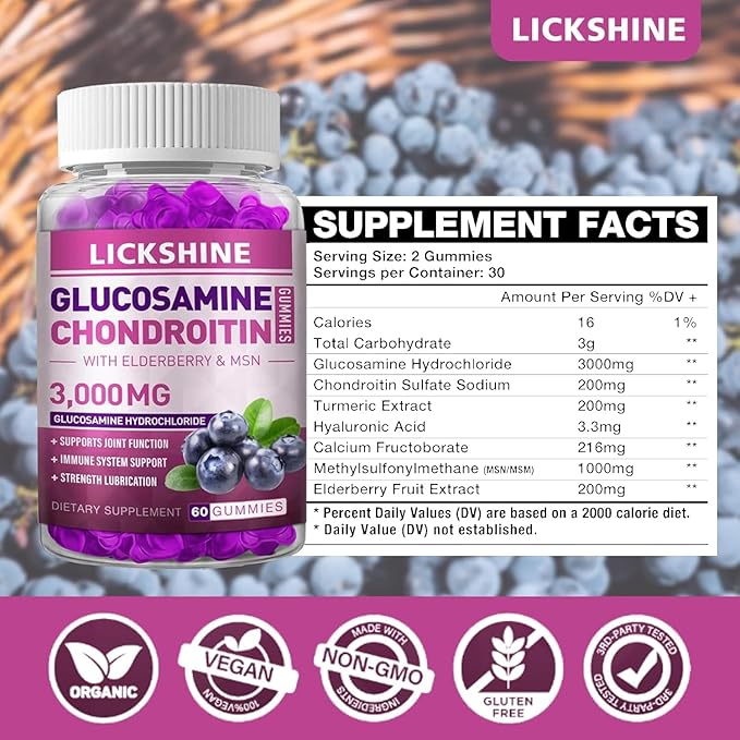 Glucosamine Chondroitin Gummies with MSM & Elderberry - Extra Strength Joint Health, Flexibility, Antioxidant Immune Support Supplement Gummy for Adults, Men & Women (1 Pack)