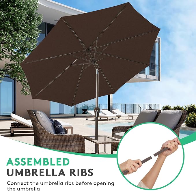JEAREY 10FT Outdoor Patio Umbrella Outdoor Table Umbrella with Push Button Tilt and Crank, Market Umbrella 8 Sturdy Ribs UV Protection Waterproof for Pool, Garden (Brown)