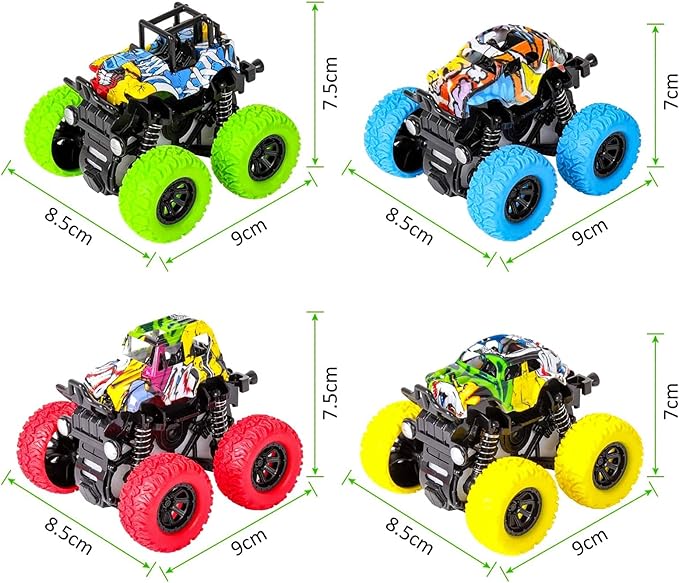 M SANMERSEN Monster Truck Toys for Ages 2-4, Friction Cars for Toddlers 1-3 Push and Go 360° Rotating Stunt Car for 2+ Year Old Boys Girls Gifts (4 Pack - Blue/Green/Red/Yellow)