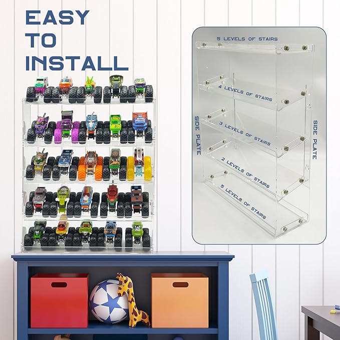 AAiphuwew Acrylic Monster Trucks Display Case - Holds Up to 25 Car Collectibles, Clear 5 Tiers Toy Truck Cars Display Storage Organizer Tire Shelf