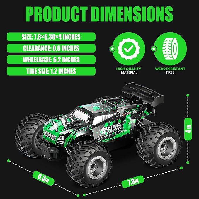 Remote Control Car, 2.4GHz High Speed 18KM/H Monster Truck Toys, 4WD RC Car with 2 Rechargeable Batteries, 200ft Range, 1:20 Scale All Terrain RC Cars, Toys Gifts for Kids and Adults - LED Headlights
