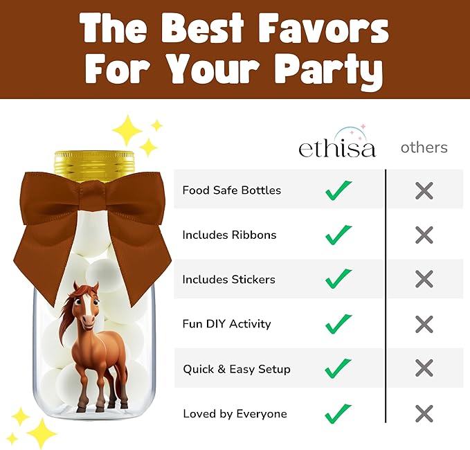 Small 12 Pack Horse Party Favors - DIY Candy Jars with Ribbons and Stickers - Cowboy Party Decoration Bottles for Birthday, School Classroom, and Baby Shower - Horse Racing Table Centerpiece