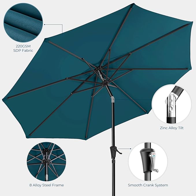 9ft Outdoor Patio Umbrella - Market Table Pool Deck Umbrella UPF50+ UV Protection with Push Button Tilt, Crank and 8 Sturdy Ribs (Peacock Blue, No base)