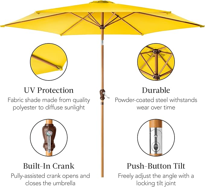 Best Choice Products 10ft Market Umbrella, Outdoor Sun Shade for Backyard, Deck, Poolside, Table w/Woodgrain Pattern, Easy Tilt & Crank - Yellow
