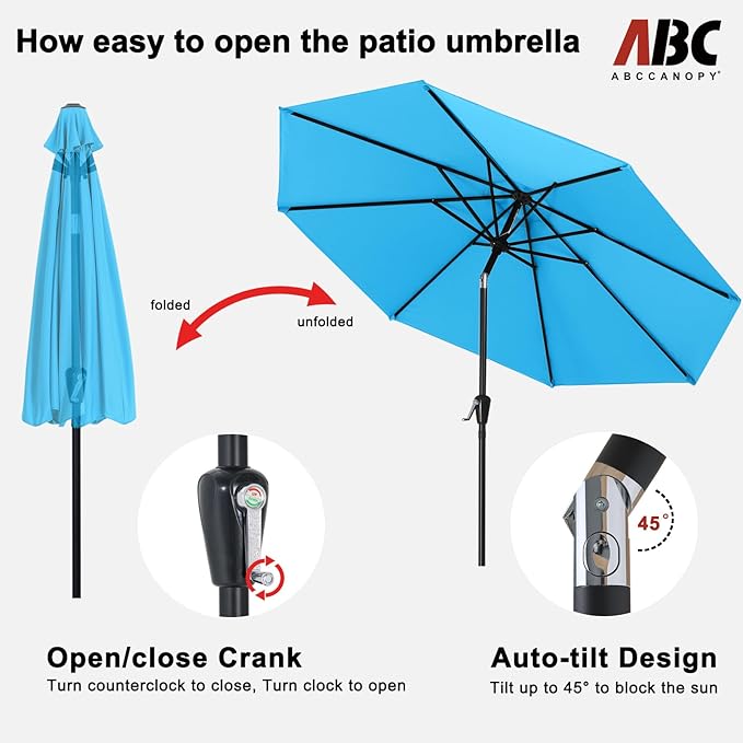 ABCCANOPY 9FT Outdoor Patio Umbrella, 8 Ribs Table Umbrella w/Crank for Easy Set Up, Suitable for Garden, Lawn, Deck & Backyard (Turquoise)