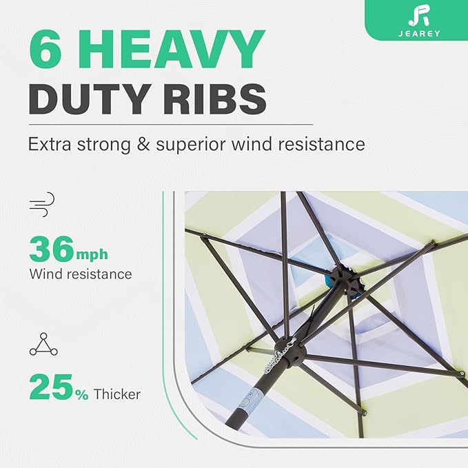 JEAREY 7.5FT Patio Umbrella Market Table Umbrella with 6 Sturdy Ribs, Push Button Tilt/Crank Outdoor Umbrella for Garden, Deck, Backyard, Pool and Beach,Bold Blue-Green Stripe