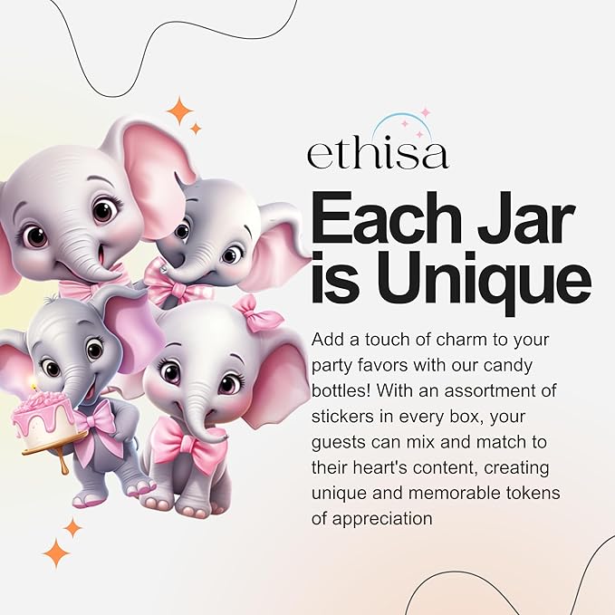 Small 12 Pack Pink Elephant Party Favors - Candy Jars with Ribbons and Stickers - DIY Party Decoration Bottles for Baby Shower, Birthday, Gender Reveal, and Classroom - Girl Table Centerpiece
