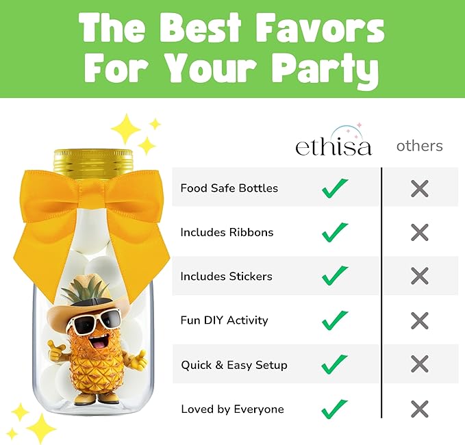 Small 12 Pack Pineapple Party Favors - DIY Candy Jars with Ribbons and Stickers - Pina Colada Party Decoration Bottles for Birthday, Hawaiian Luau, and Baby Shower - Gold Tropical Centerpieces