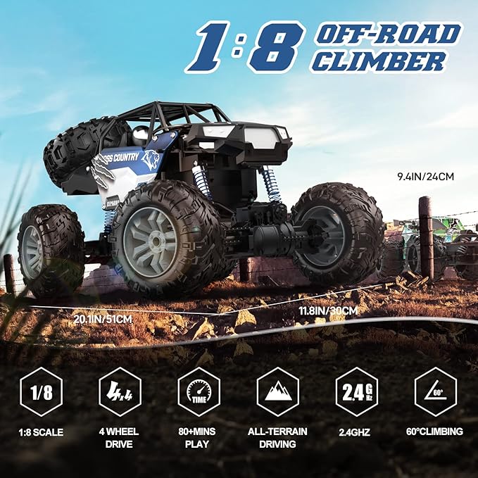 DEERC Large 1:8 Scale Monster Truck for Adults and Boys, Upgraded Remote Control Car with Realistic Sound, 4WD All Terrain RC Toy with 2 Batteries for 80 Minutes Play