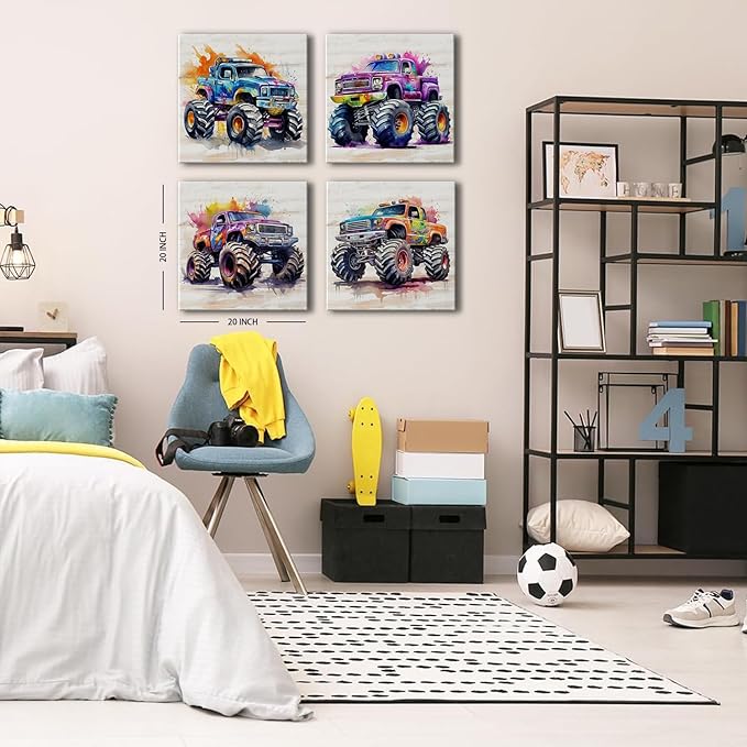 Monster Truck Canvas Wall Art Watercolor Cartoon Car Color Racing Painting Vintage Car Posters Kids Boys Room Wall Decor Trucks Poster for Boy Bedroom Nursery Paintings Children Gifts Framed 20Ă20"x4
