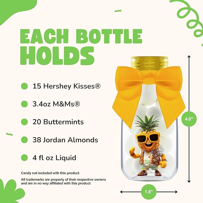 Small 12 Pack Pineapple Party Favors - DIY Candy Jars with Ribbons and Stickers - Pina Colada Party Decoration Bottles for Birthday, Hawaiian Luau, and Baby Shower - Gold Tropical Centerpieces